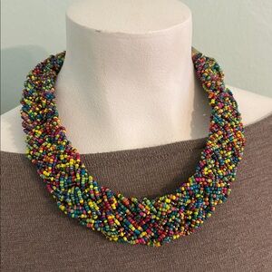 Multicolor Beaded Statement Necklace braided seed beads yellow pink blue yellow